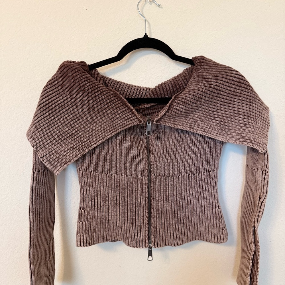 Fashion Nova Off-the-Shoulder Ribbed Zip Sweater
